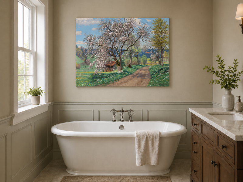Landscape Oil Painting - Spring Blossom Path Flowering Tree &