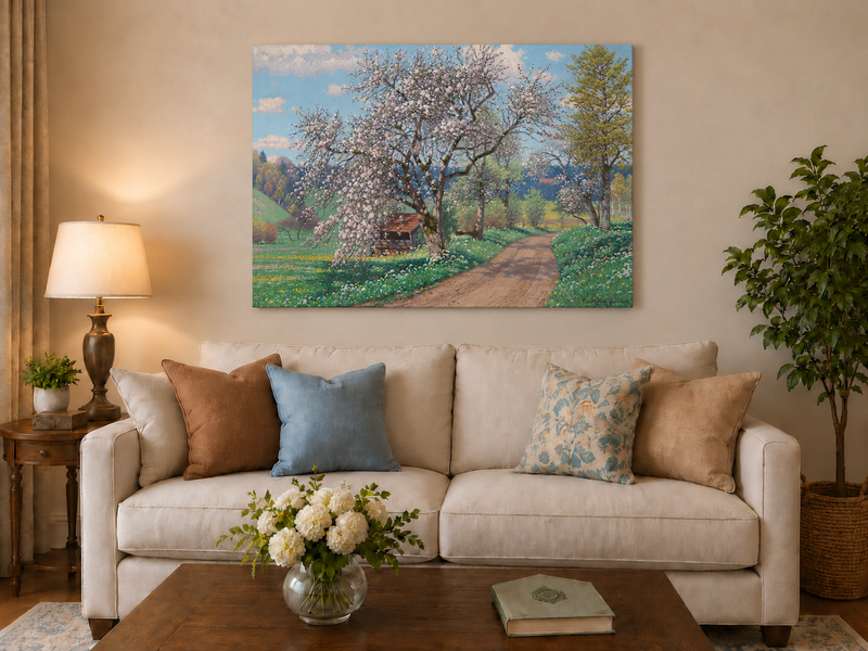 Landscape Oil Painting - Spring Blossom Path Flowering Tree &