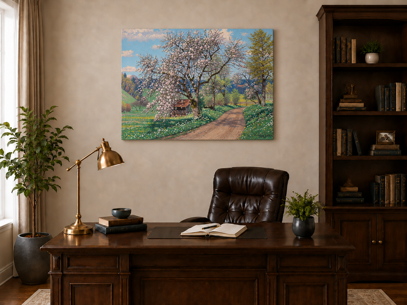 Landscape Oil Painting - Spring Blossom Path Flowering Tree &