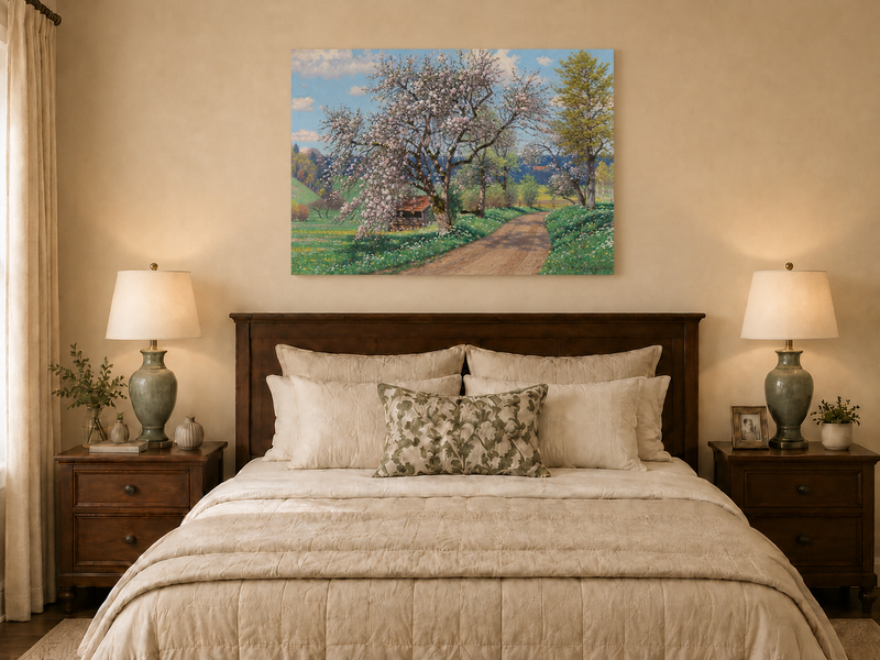 Landscape Oil Painting - Spring Blossom Path Flowering Tree &