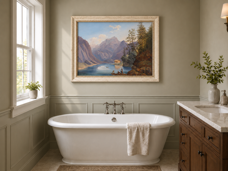 Peinture à l'huile de paysage - Lac de montagne, bateau, chalet et personnages