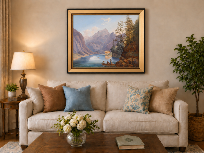 Peinture à l'huile de paysage - Lac de montagne, bateau, chalet et personnages