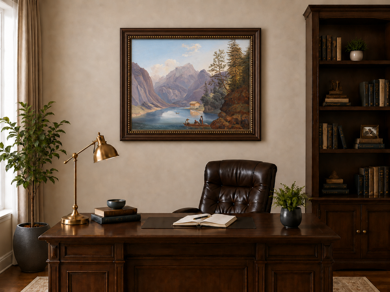 Peinture à l'huile de paysage - Lac de montagne, bateau, chalet et personnages