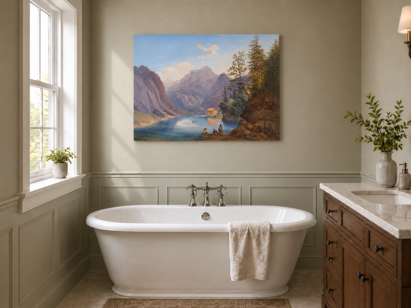 Peinture à l'huile de paysage - Lac de montagne, bateau, chalet et personnages