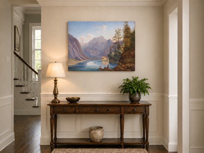 Peinture à l'huile de paysage - Lac de montagne, bateau, chalet et personnages