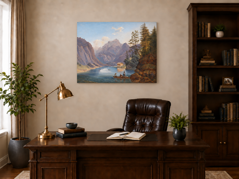 Peinture à l'huile de paysage - Lac de montagne, bateau, chalet et personnages