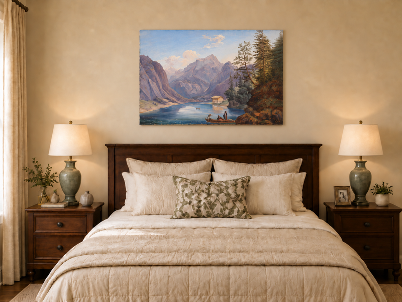 Peinture à l'huile de paysage - Lac de montagne, bateau, chalet et personnages