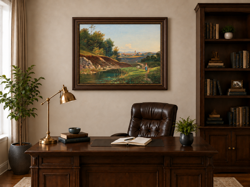 Ölgemälde Landschaft - Dorfweiher und Waldweg Ansicht
