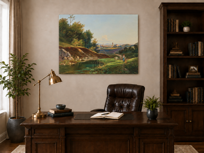 Ölgemälde Landschaft - Dorfweiher und Waldweg Ansicht