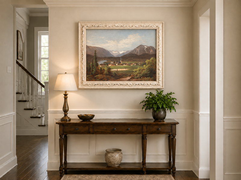 Landscape Oil Painting - Alpine Village Valley, Church, Mountains