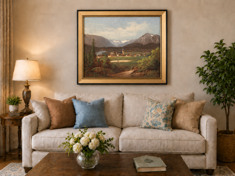 Landscape Oil Painting - Alpine Village Valley, Church, Mountains