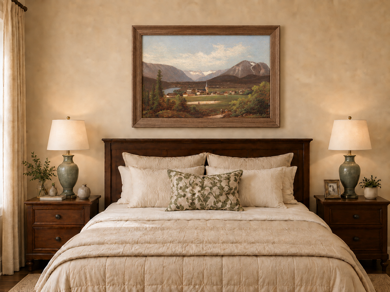 Landscape Oil Painting - Alpine Village Valley, Church, Mountains