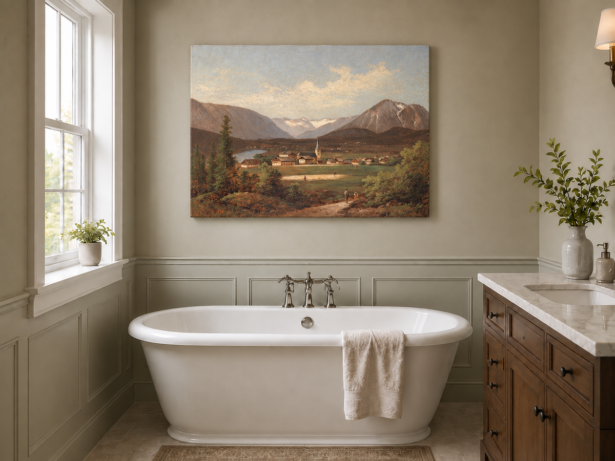 Landscape Oil Painting - Alpine Village Valley, Church, Mountains