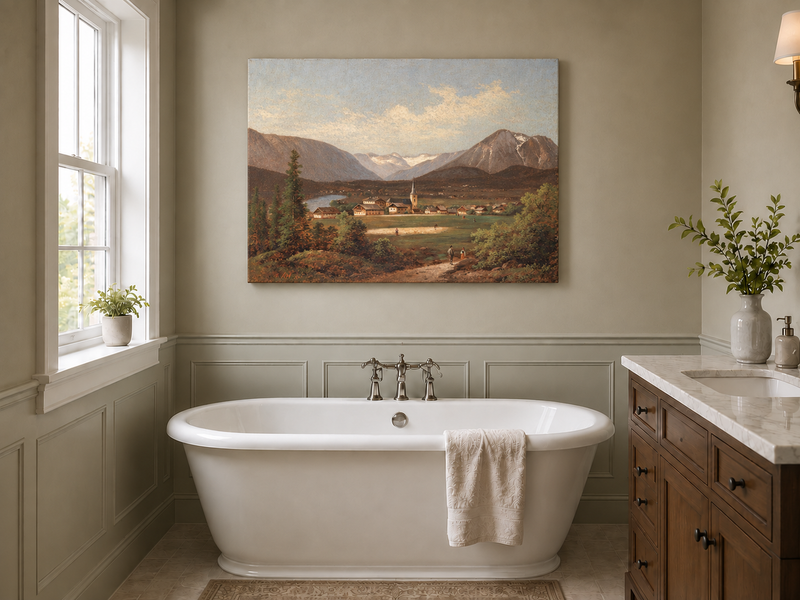 Landscape Oil Painting - Alpine Village Valley, Church, Mountains