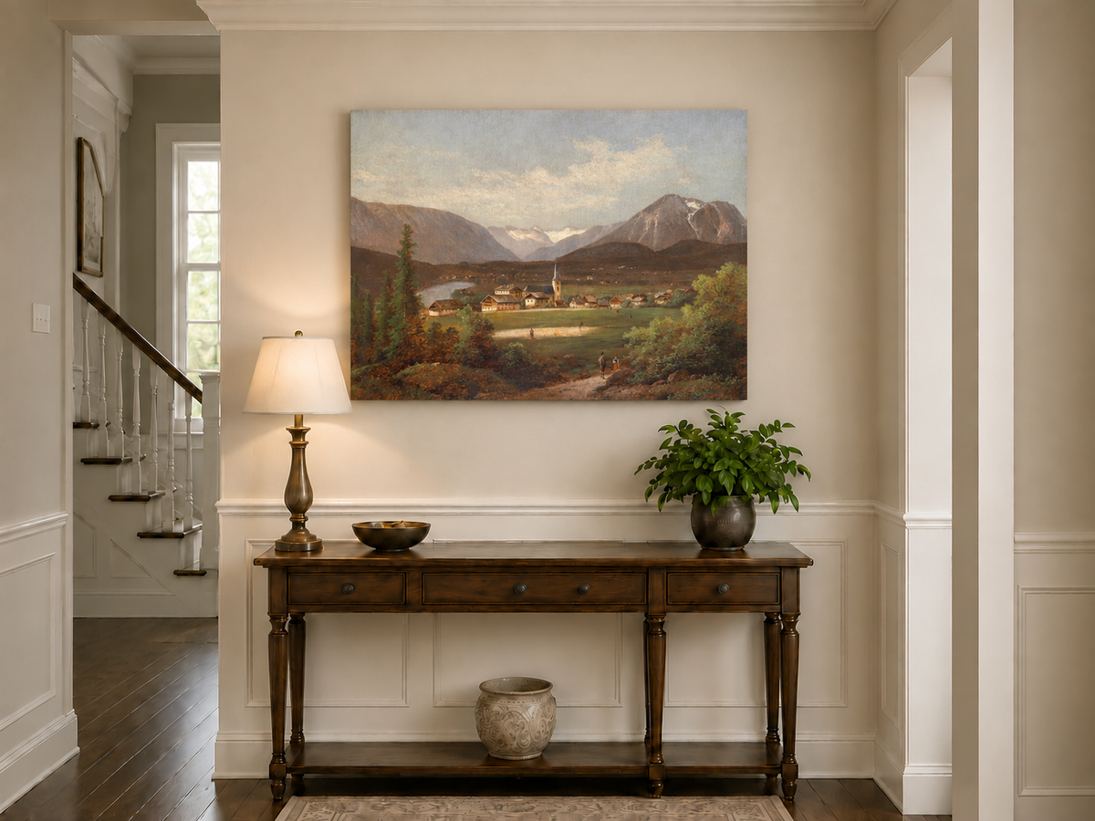 Landscape Oil Painting - Alpine Village Valley, Church, Mountains