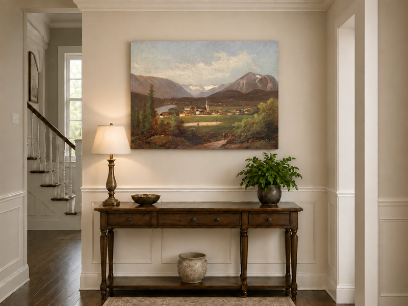 Landscape Oil Painting - Alpine Village Valley, Church, Mountains
