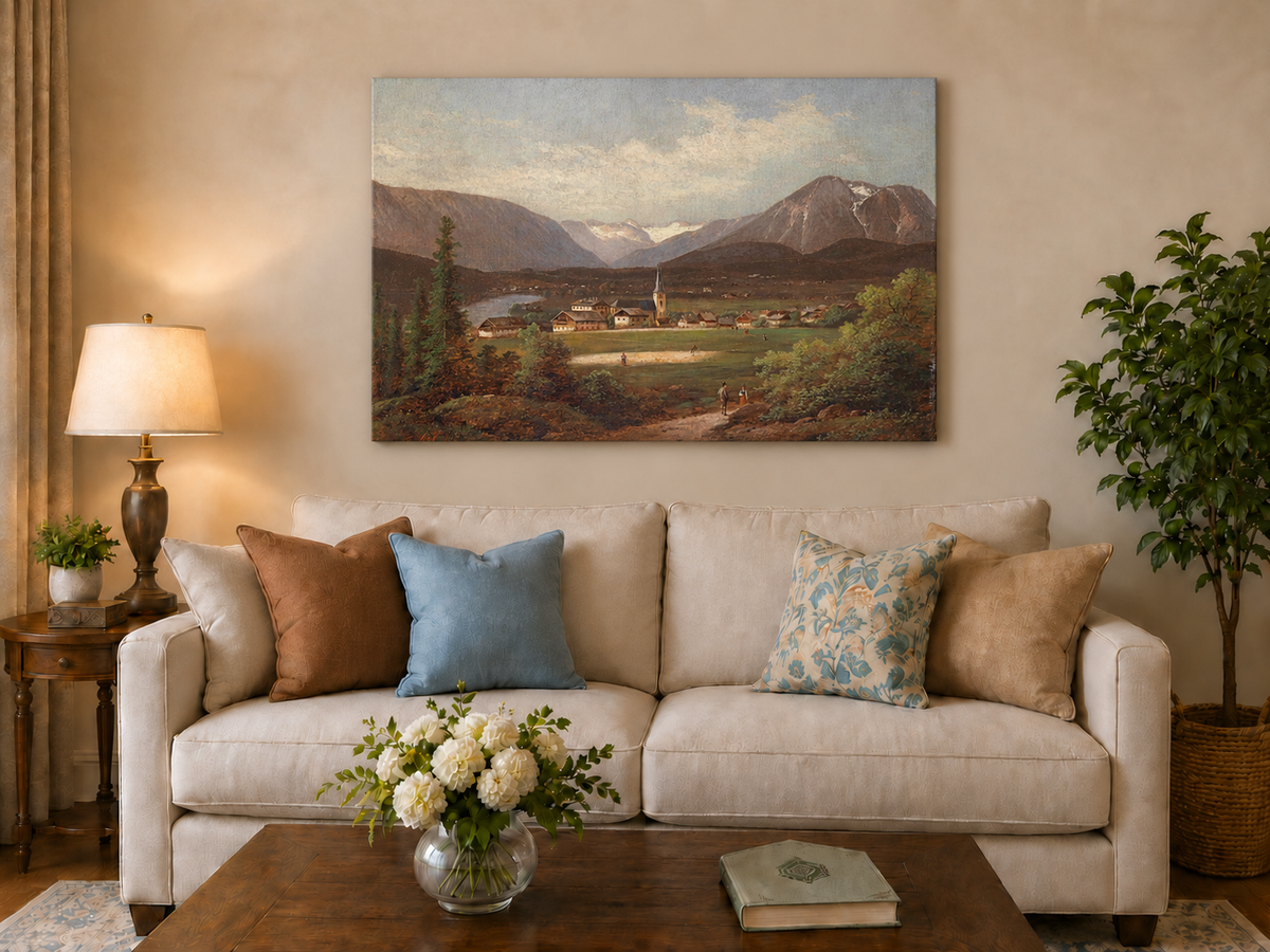 Landscape Oil Painting - Alpine Village Valley, Church, Mountains