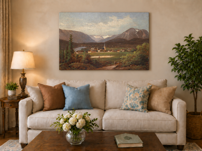 Landscape Oil Painting - Alpine Village Valley, Church, Mountains