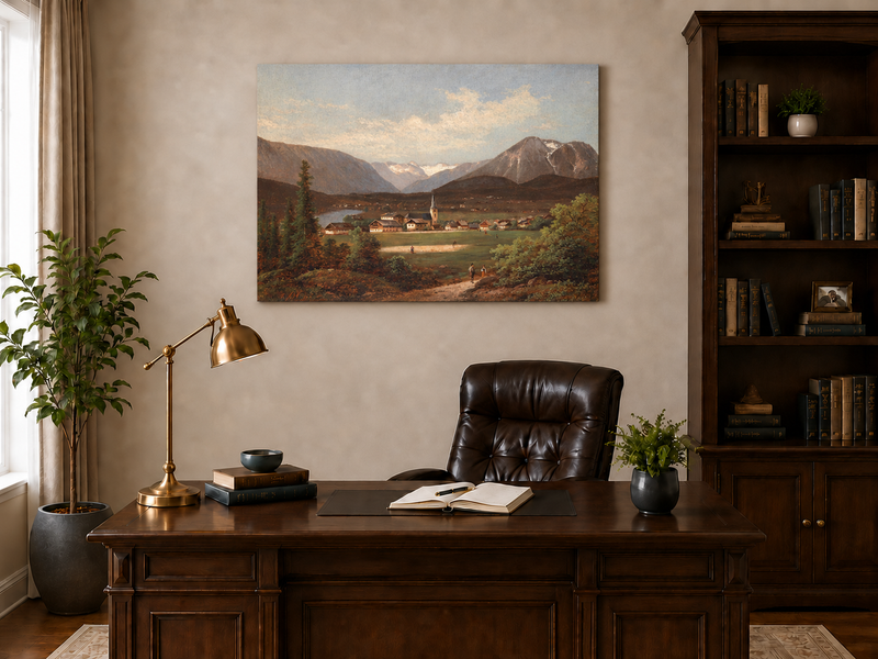 Landscape Oil Painting - Alpine Village Valley, Church, Mountains