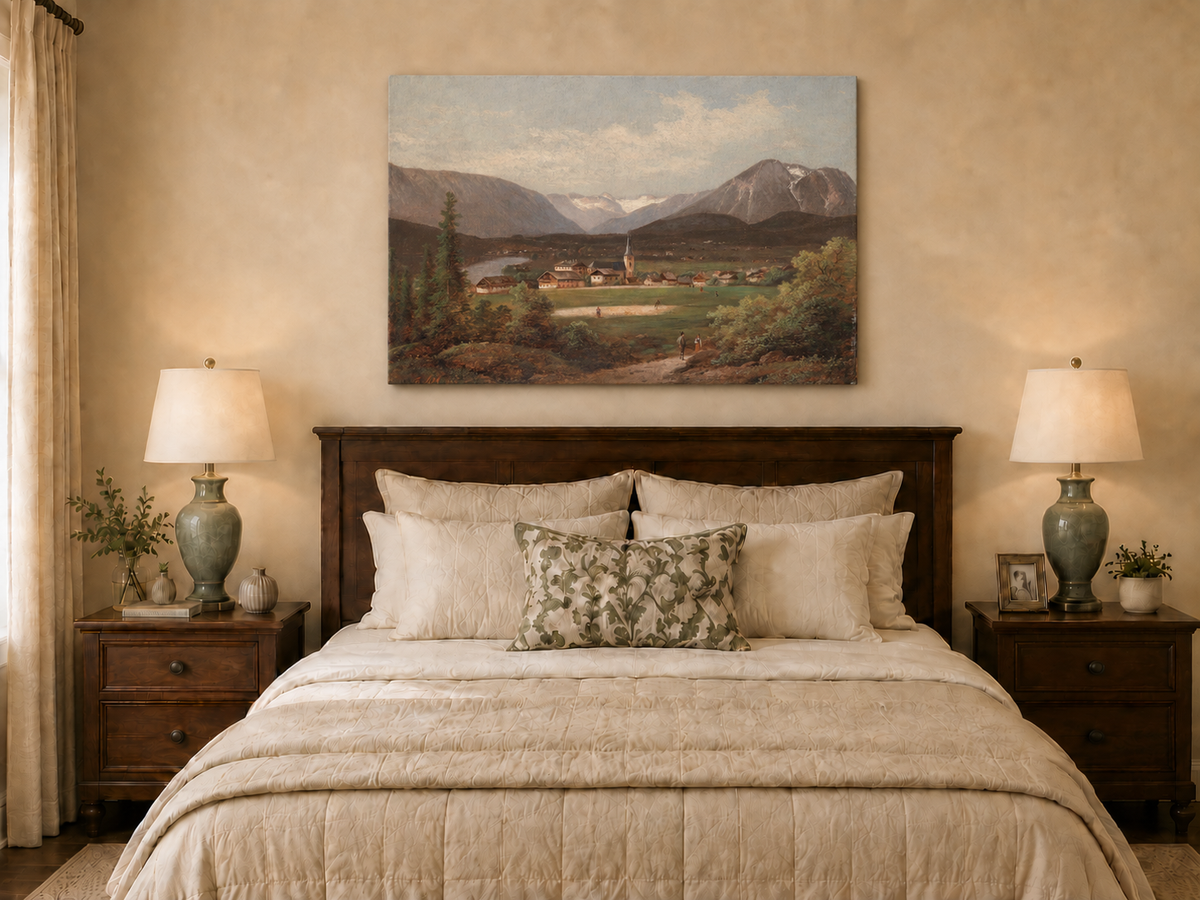 Landscape Oil Painting - Alpine Village Valley, Church, Mountains