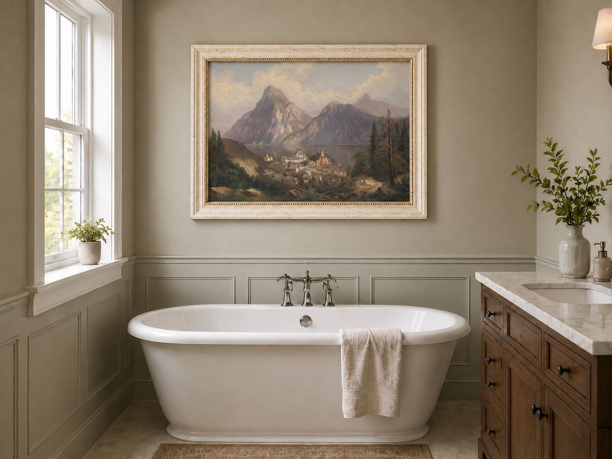 Peinture à l'huile de paysage - Lac de montagne alpin et village