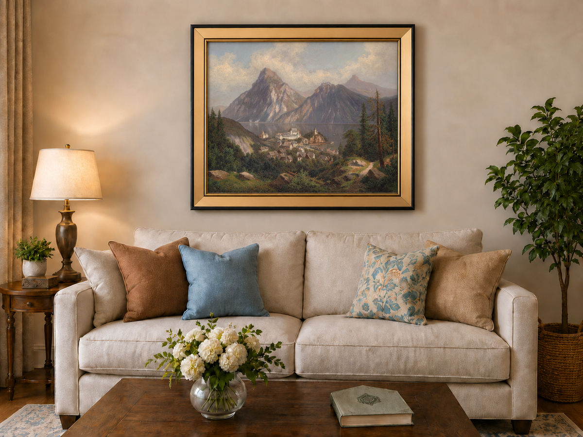 Peinture à l'huile de paysage - Lac de montagne alpin et village