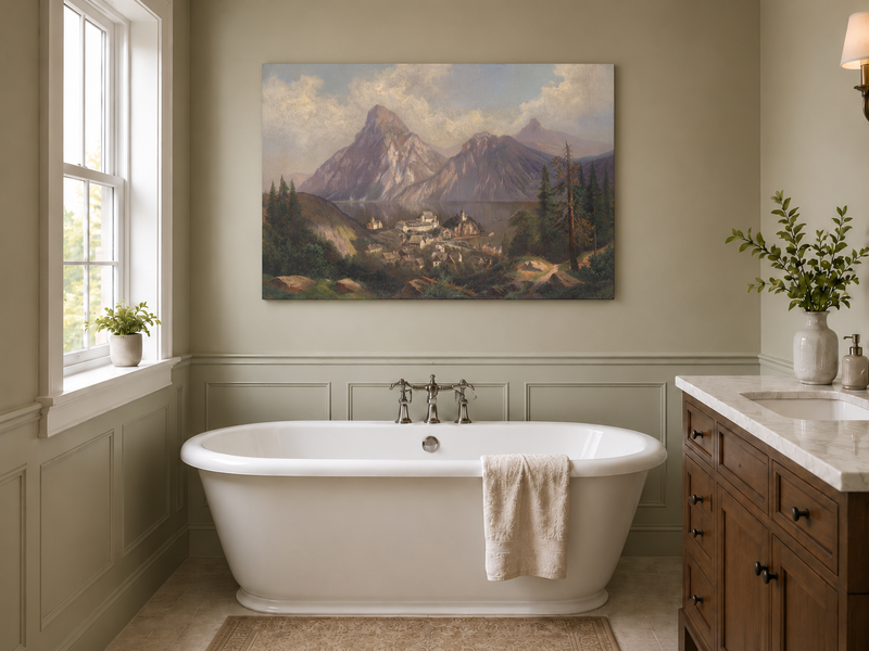 Peinture à l'huile de paysage - Lac de montagne alpin et village