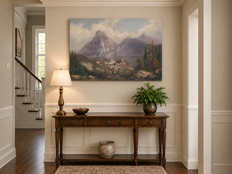 Peinture à l'huile de paysage - Lac de montagne alpin et village