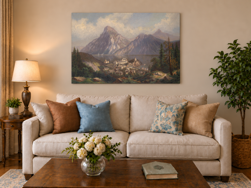 Peinture à l'huile de paysage - Lac de montagne alpin et village