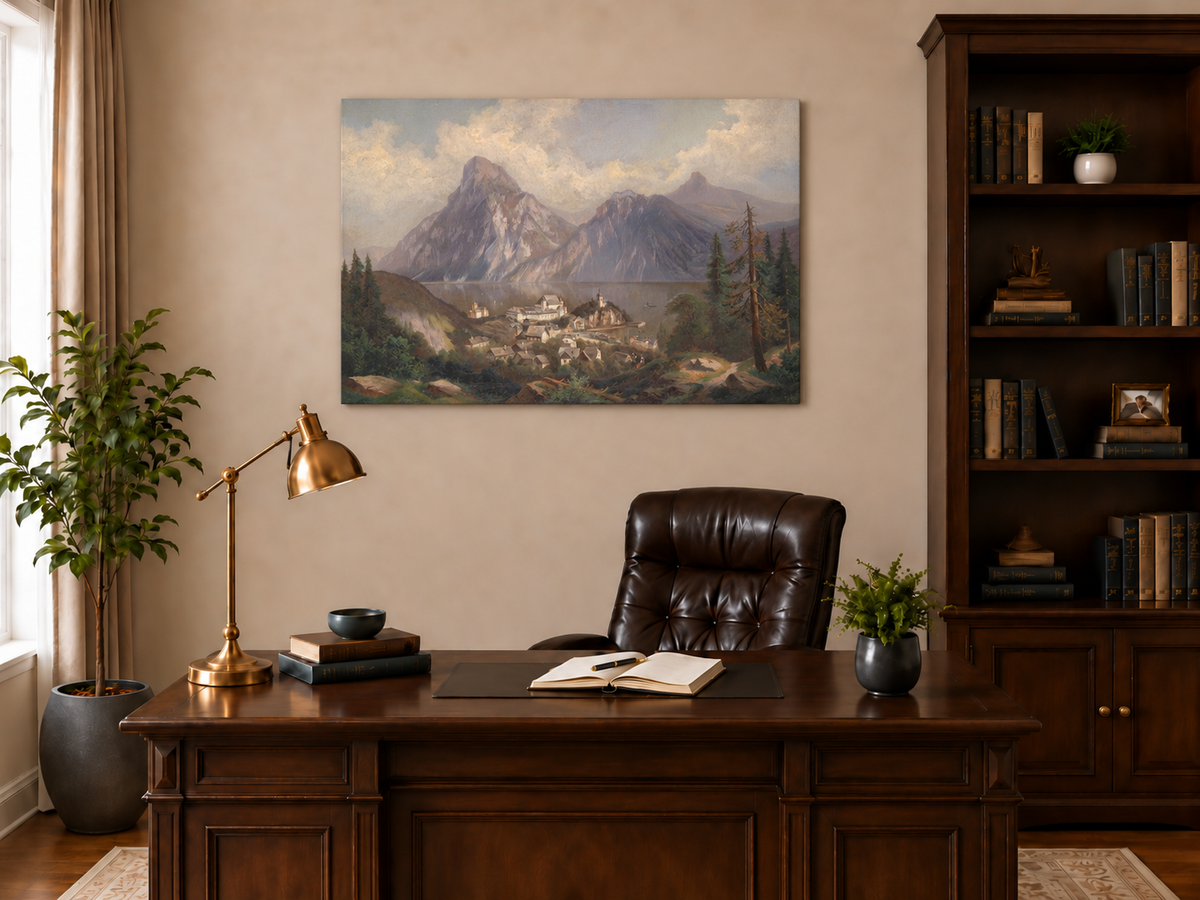 Peinture à l'huile de paysage - Lac de montagne alpin et village