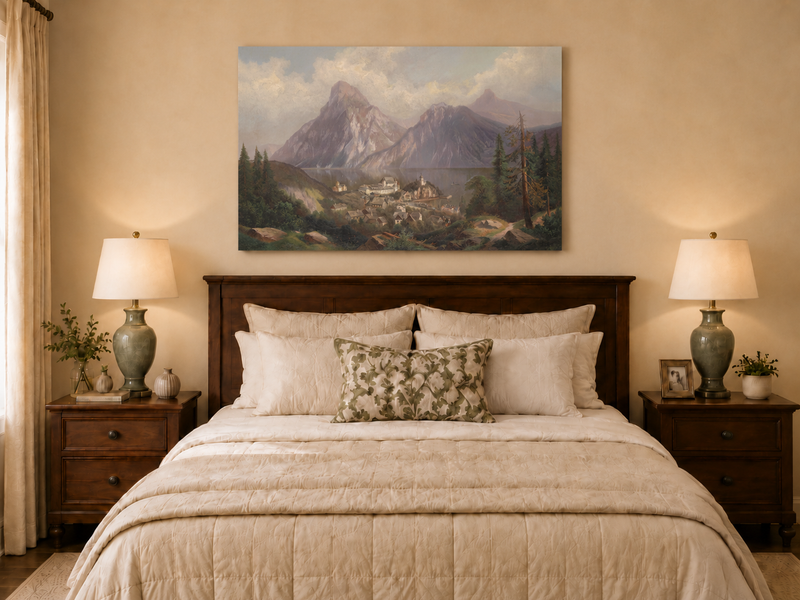 Peinture à l'huile de paysage - Lac de montagne alpin et village