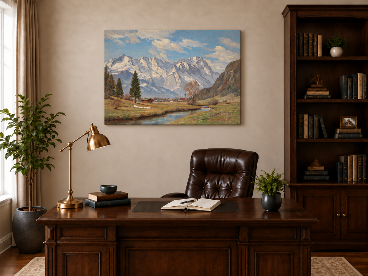 Ölgemälde Landschaft - Alpendorf und schneebedeckte Berge