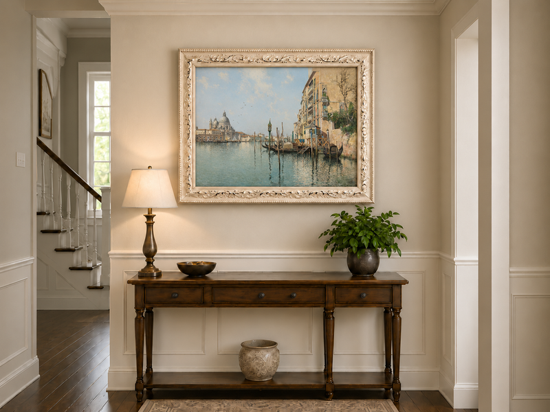 Peinture à l'huile de paysage - Venise Grand Canal, gondoles, basilique