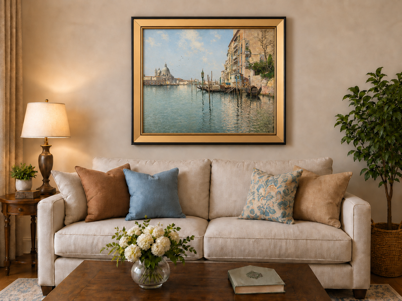 Peinture à l'huile de paysage - Venise Grand Canal, gondoles, basilique