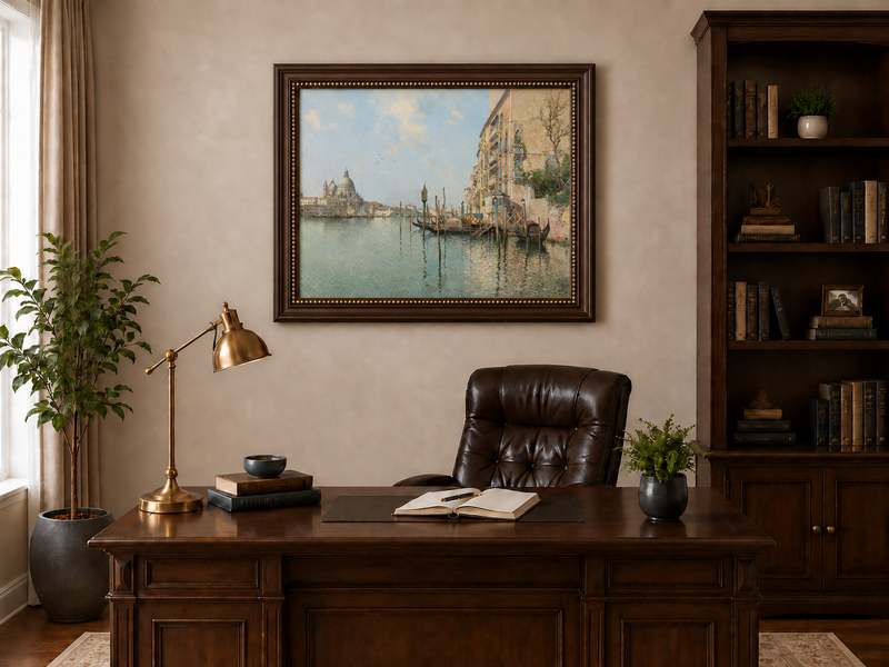 Peinture à l'huile de paysage - Venise Grand Canal, gondoles, basilique
