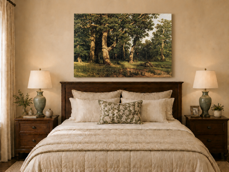Peinture à l'huile de paysage - Clairière d'une forêt de chênes anciens
