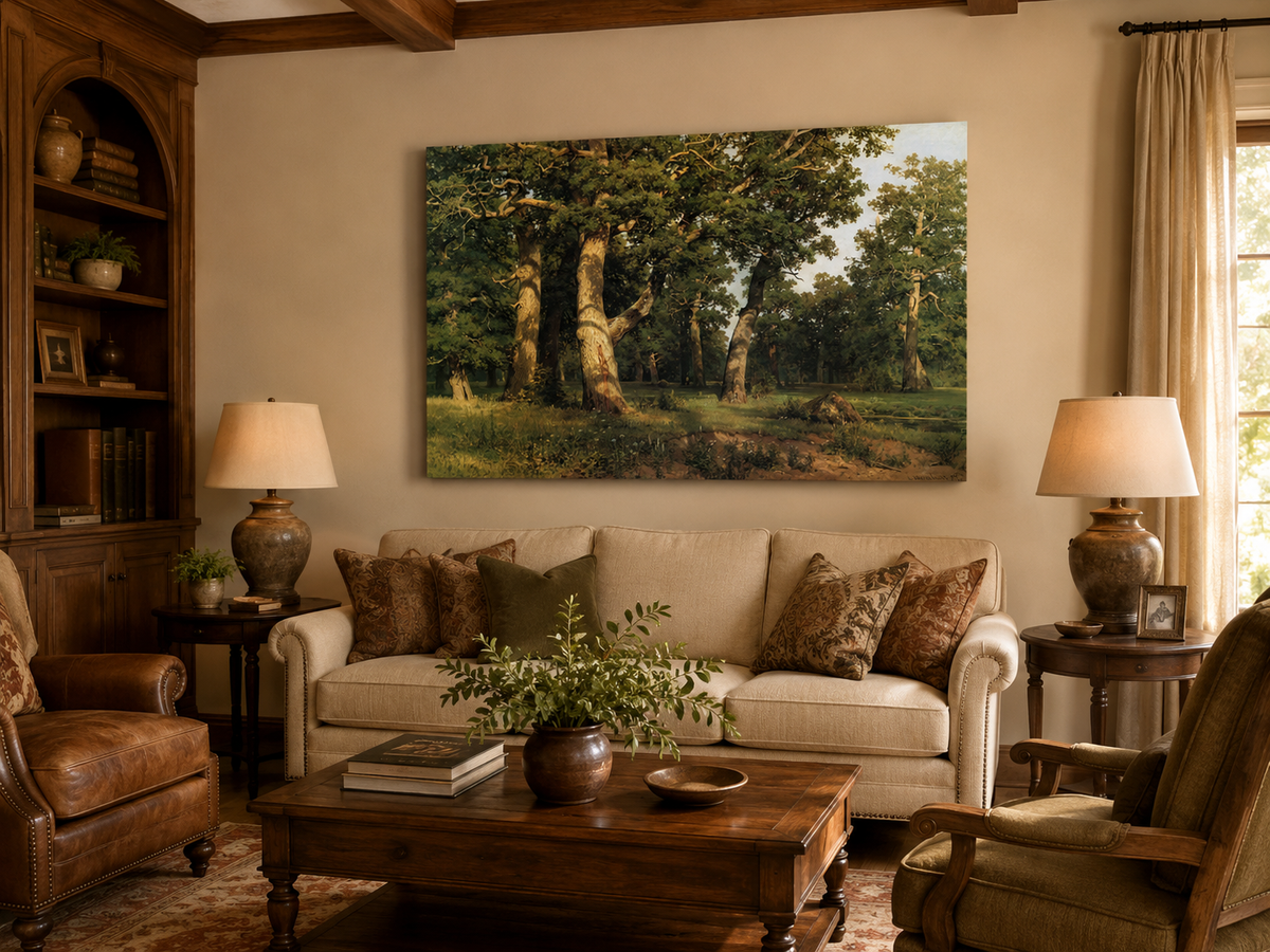 Peinture à l'huile de paysage - Clairière d'une forêt de chênes anciens