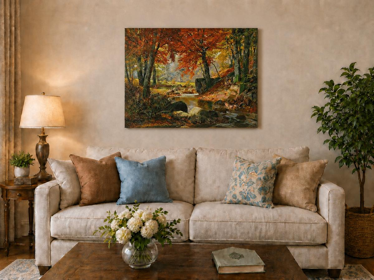 Peinture à l'huile de paysage - Gouffre rocheux spectaculaire avec personnages