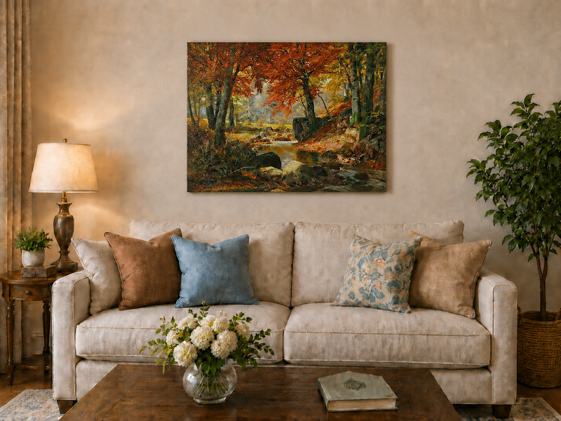 Peinture à l'huile de paysage - Gouffre rocheux spectaculaire avec personnages