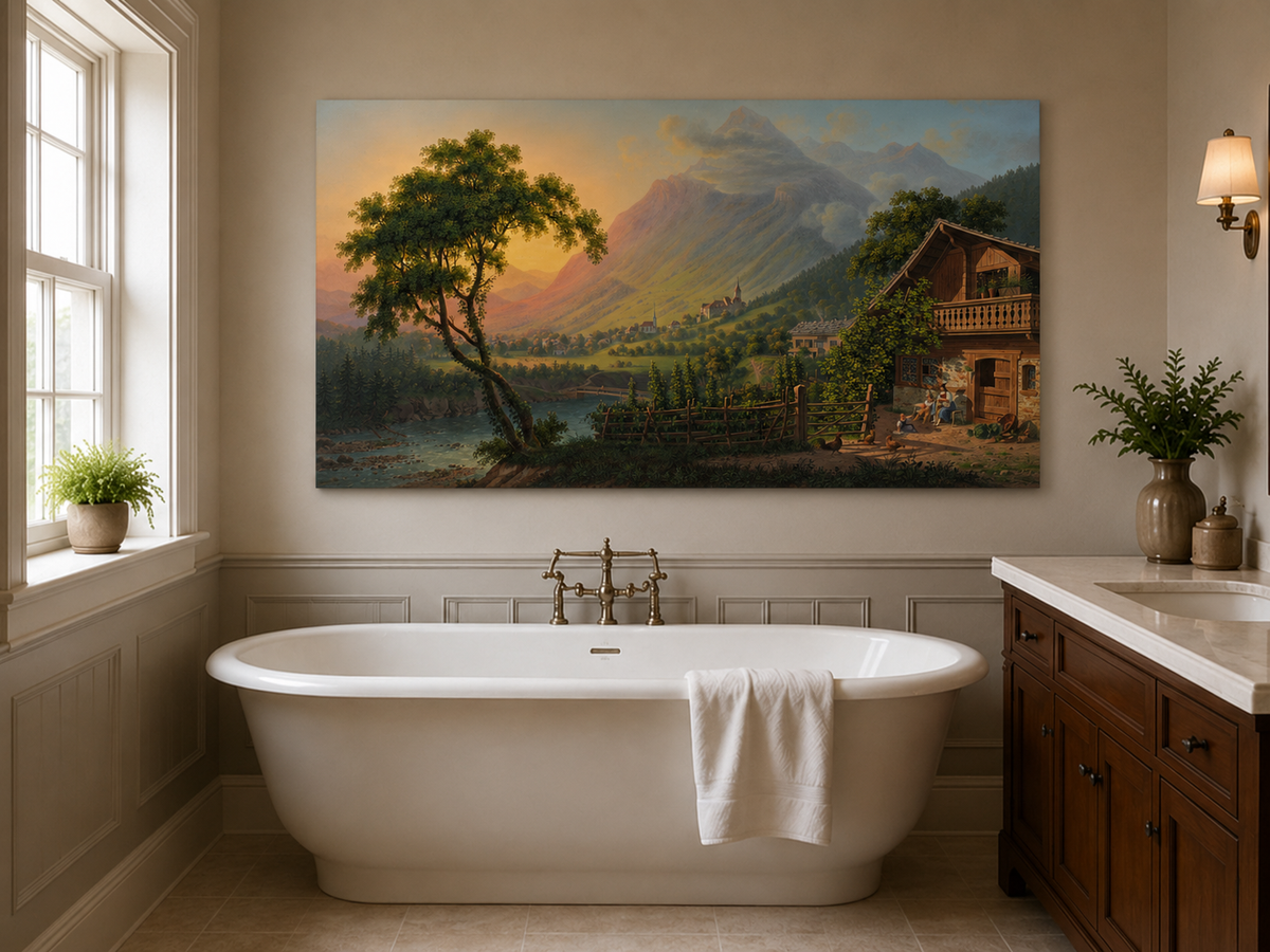 Landscape Oil Painting - Alpine Village Valley at Sunset