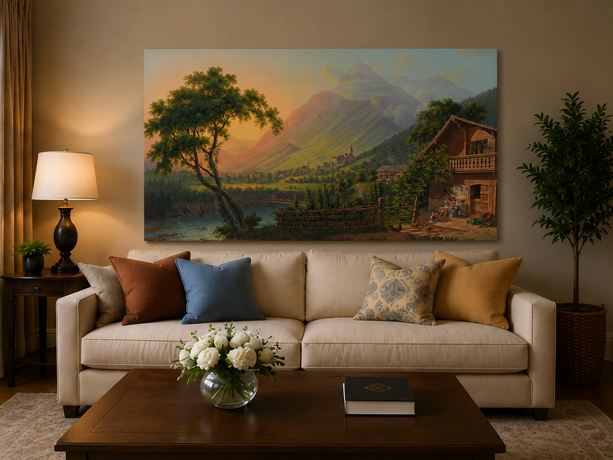 Landscape Oil Painting - Alpine Village Valley at Sunset