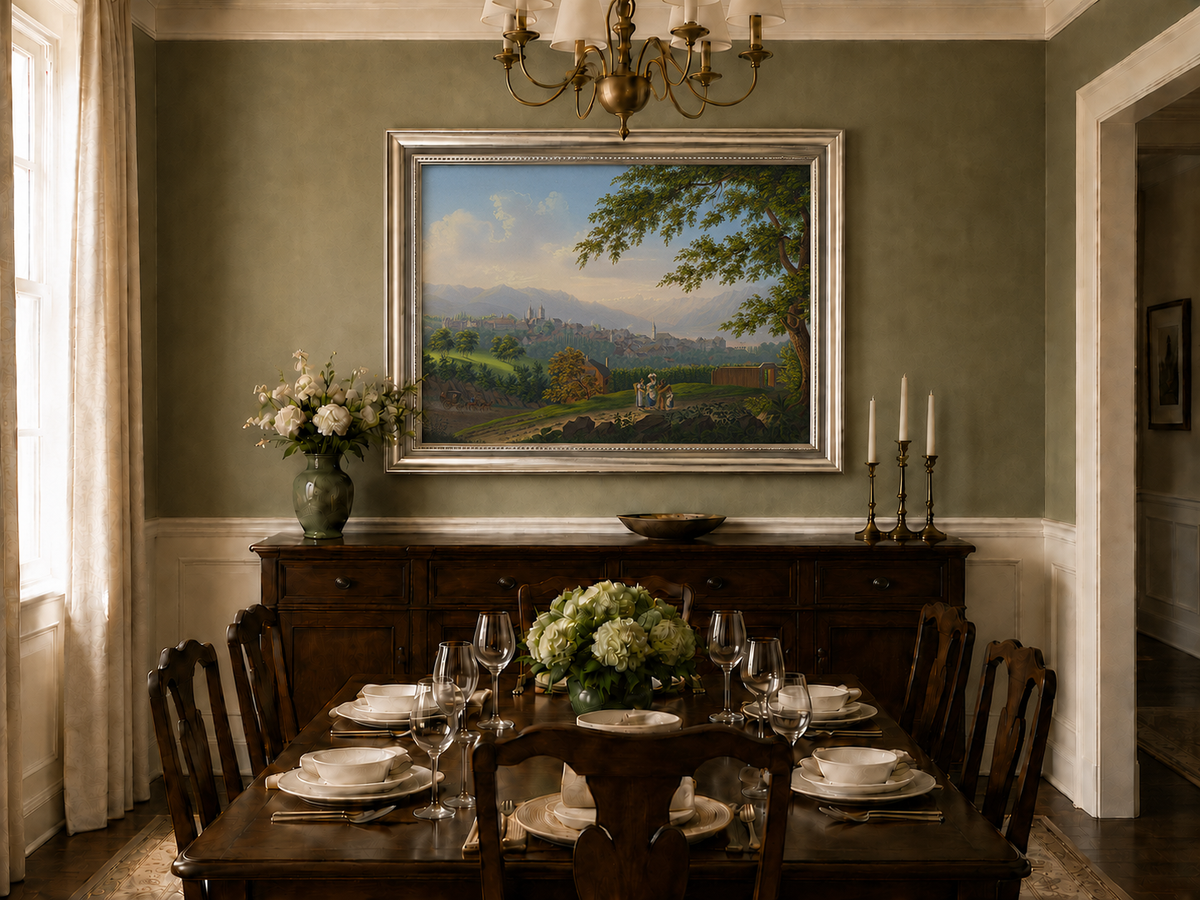 Landscape Oil Painting - Hilltop Town and Lake Mountain Panorama