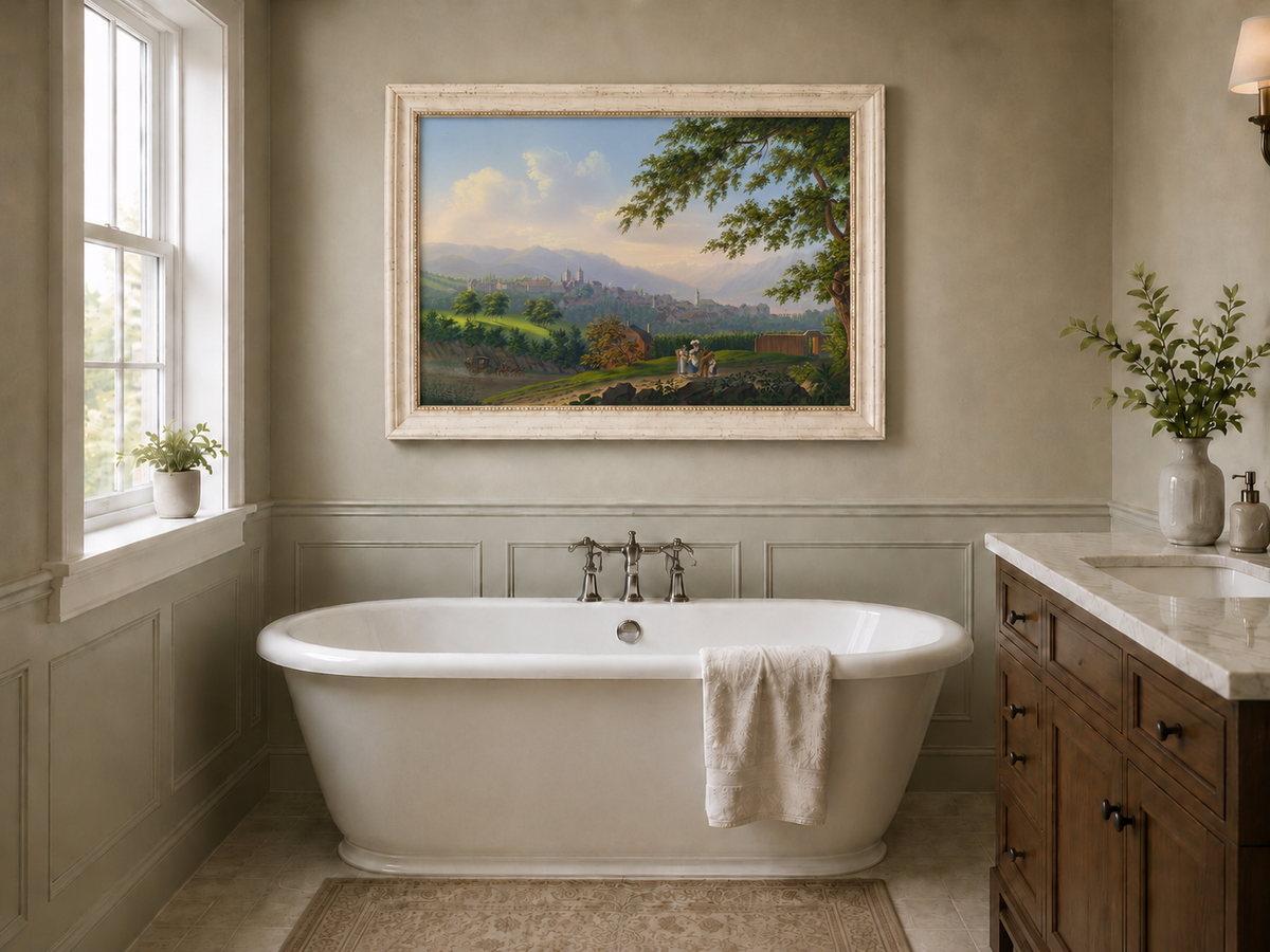 Landscape Oil Painting - Hilltop Town and Lake Mountain Panorama
