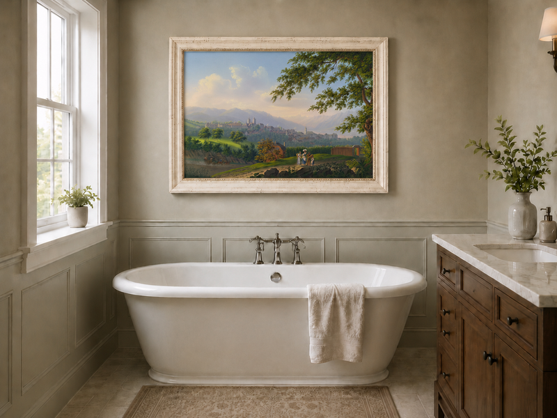 Landscape Oil Painting - Hilltop Town and Lake Mountain Panorama