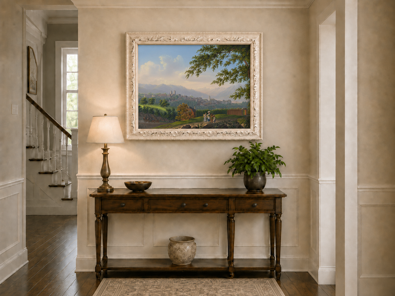 Landscape Oil Painting - Hilltop Town and Lake Mountain Panorama