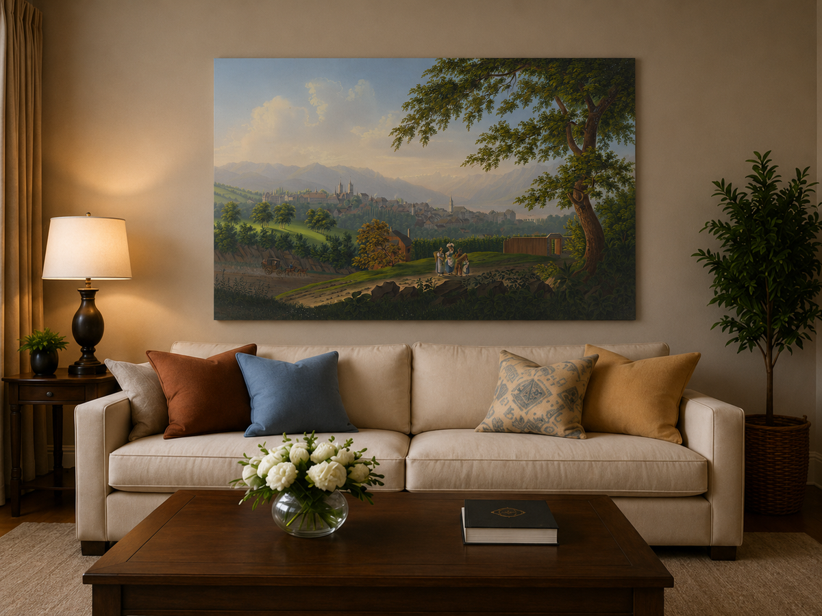Landscape Oil Painting - Hilltop Town and Lake Mountain Panorama