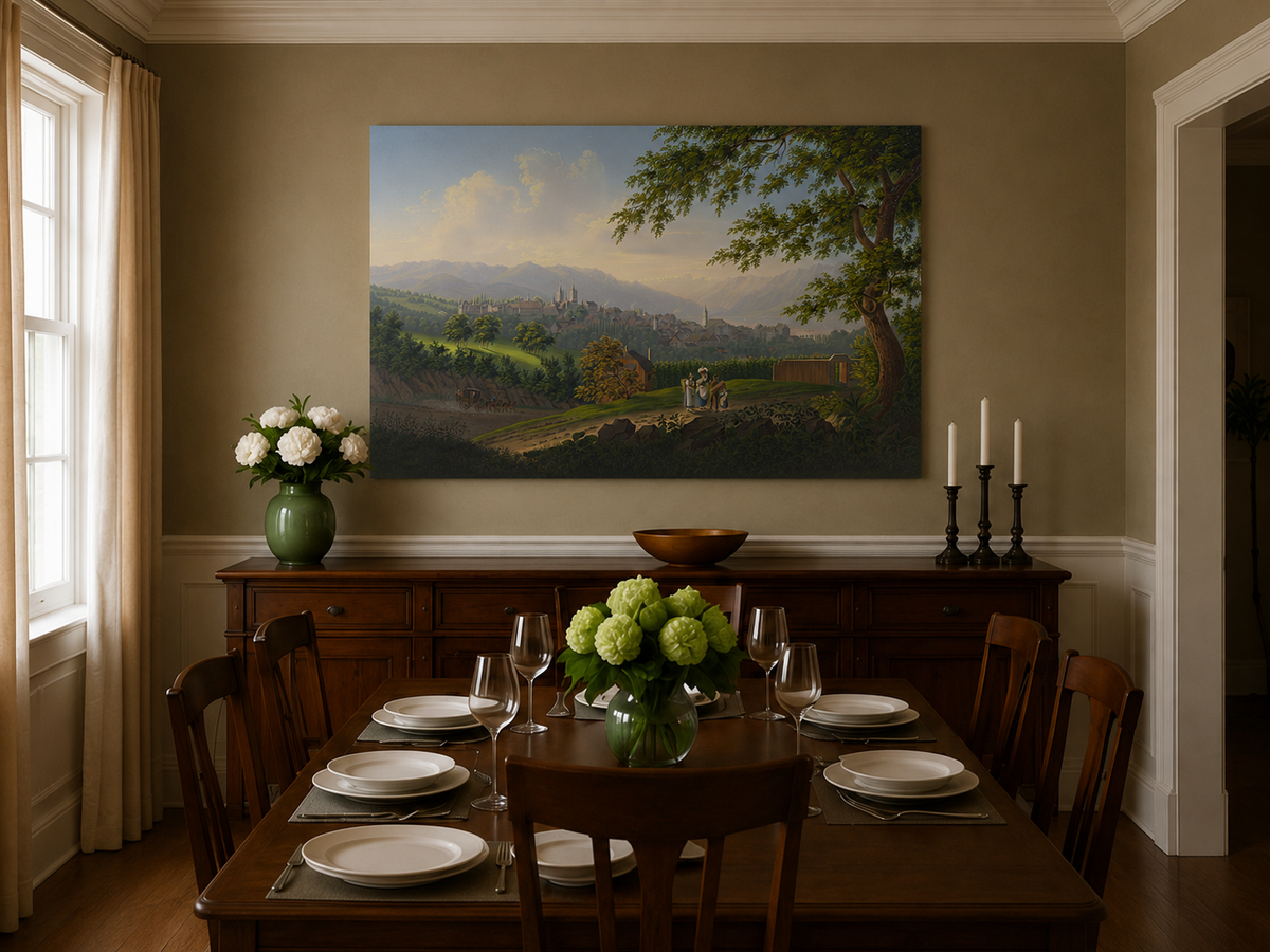 Landscape Oil Painting - Hilltop Town and Lake Mountain Panorama