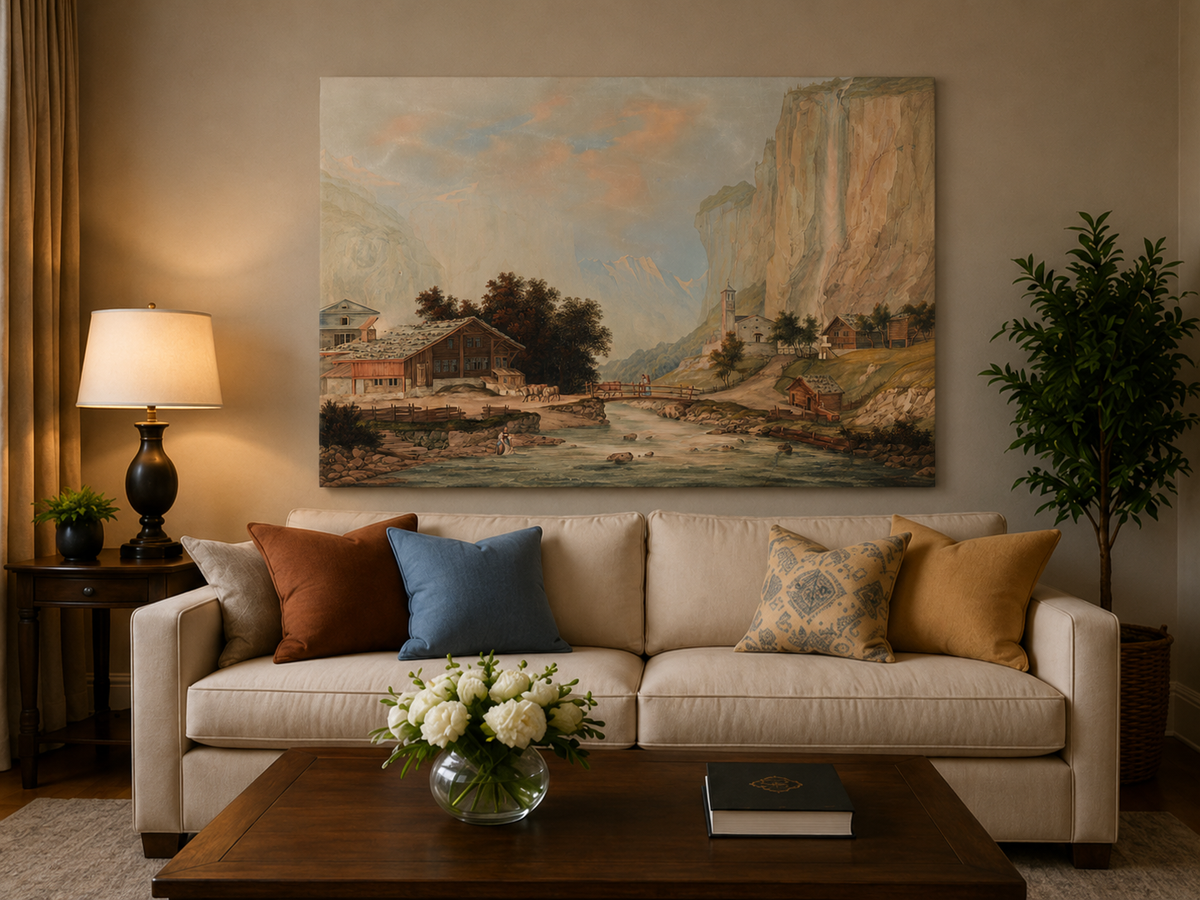 Landscape Oil Painting - Alpine Village and Waterfall Cliff View
