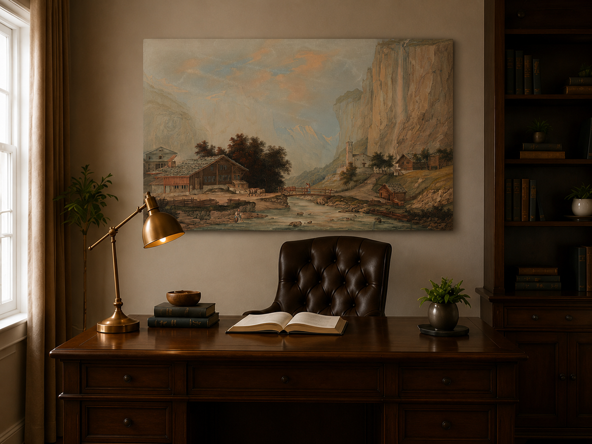 Landscape Oil Painting - Alpine Village and Waterfall Cliff View