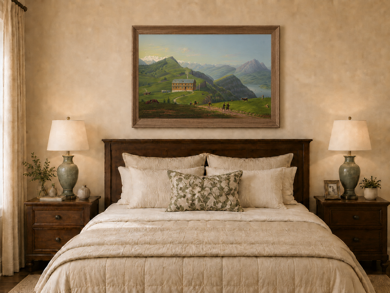 Landscape Oil Painting - Alpine Lodge and Mountain Lake View